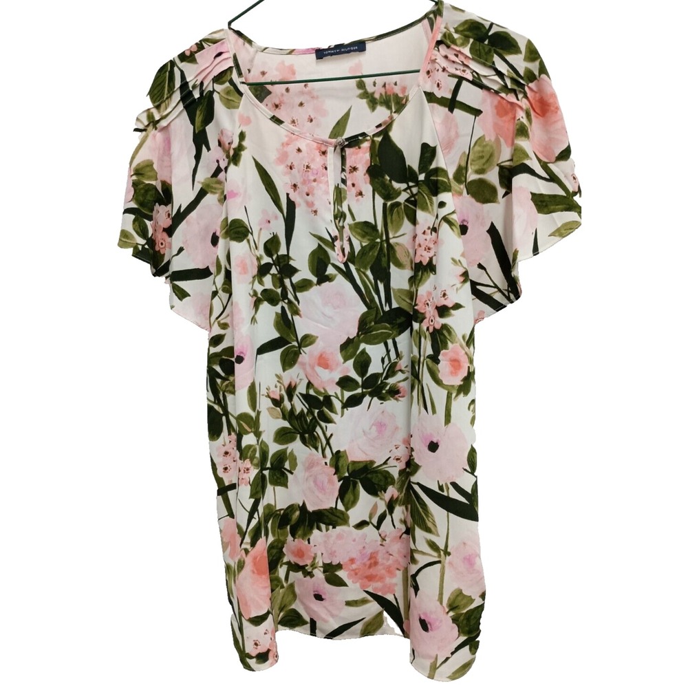 Tommy Hilfiger Top Womens Size Large Pink Green Floral Short Sleeve Cottagecore